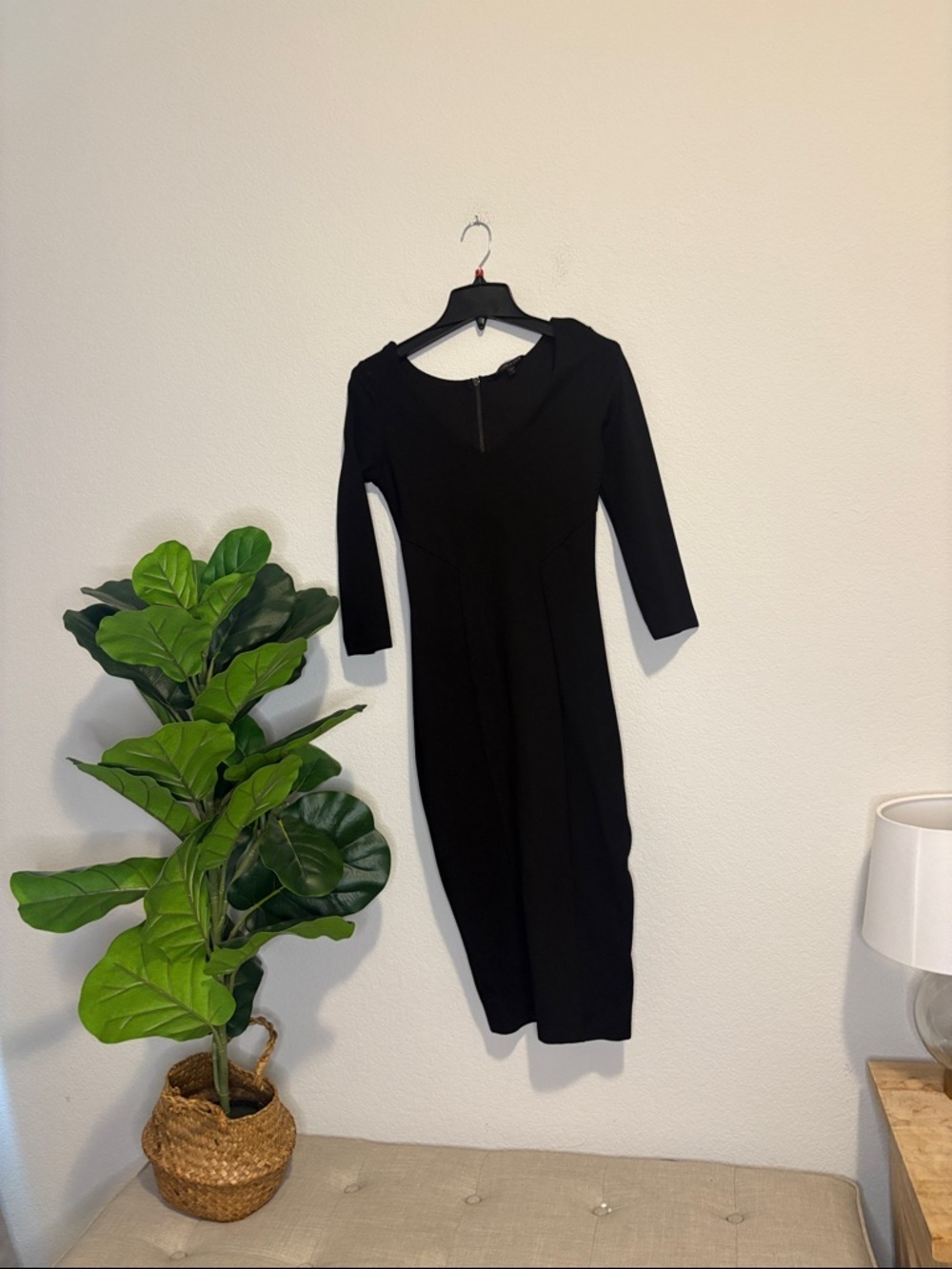 Black Midi Bodycon Dress with 3/4 Sleeves and full length zipper up back Small